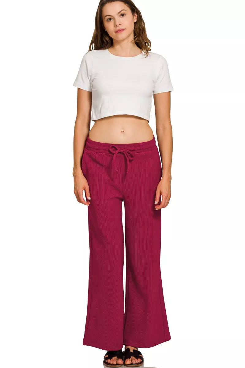 ZENANA Ribbed Round Neck Pullover and Drawstring Pants Set on Simply Obsessed