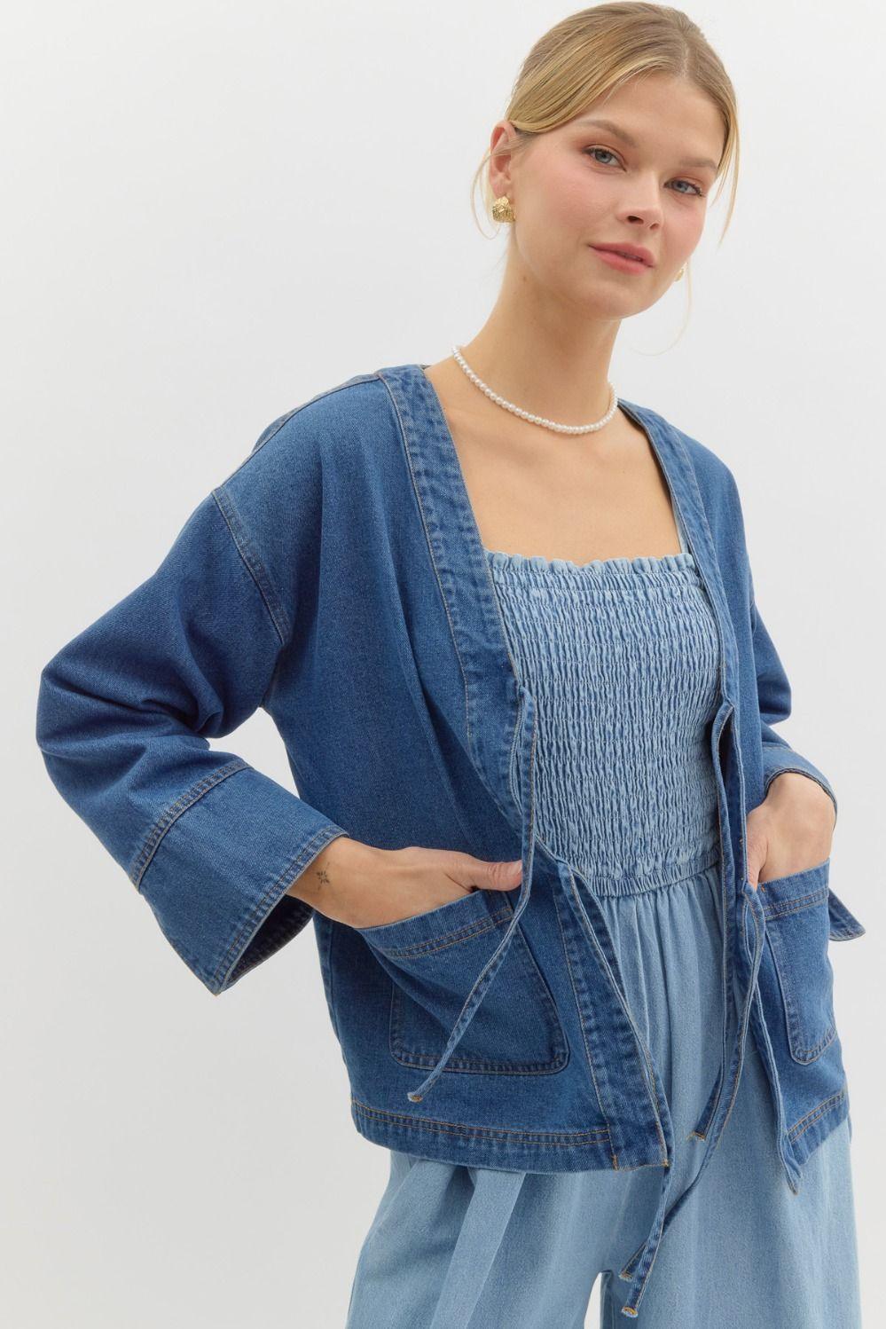 ENTRO Front Bow Tie Closure Denim Jacket - DENIM on Simply Obsessed