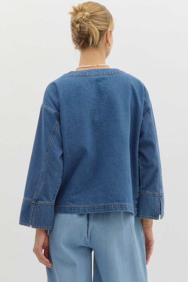 ENTRO Front Bow Tie Closure Denim Jacket - DENIM on Simply Obsessed