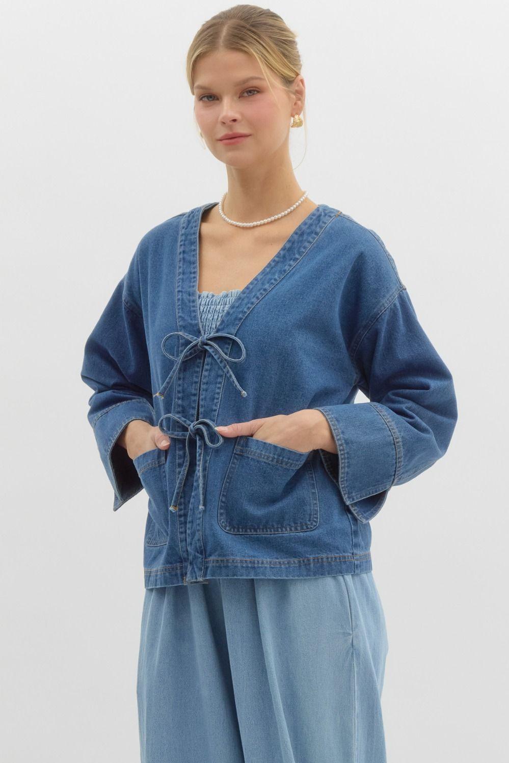 ENTRO Front Bow Tie Closure Denim Jacket - DENIM on Simply Obsessed