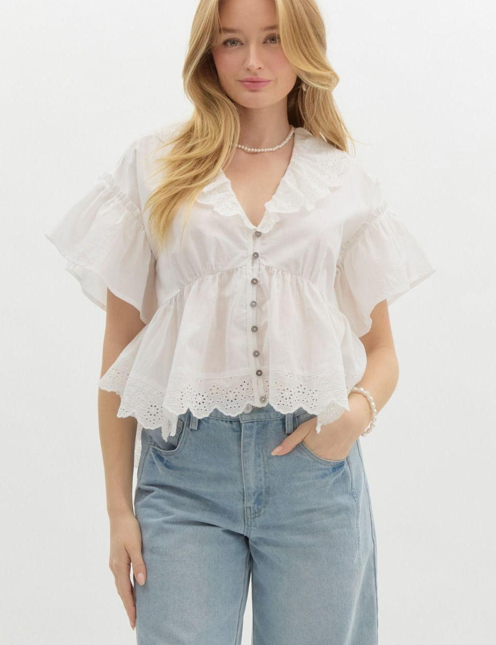 ENTRO Off Shoulder Ruffle V-Neck - OFF WHITE on Simply Obsessed