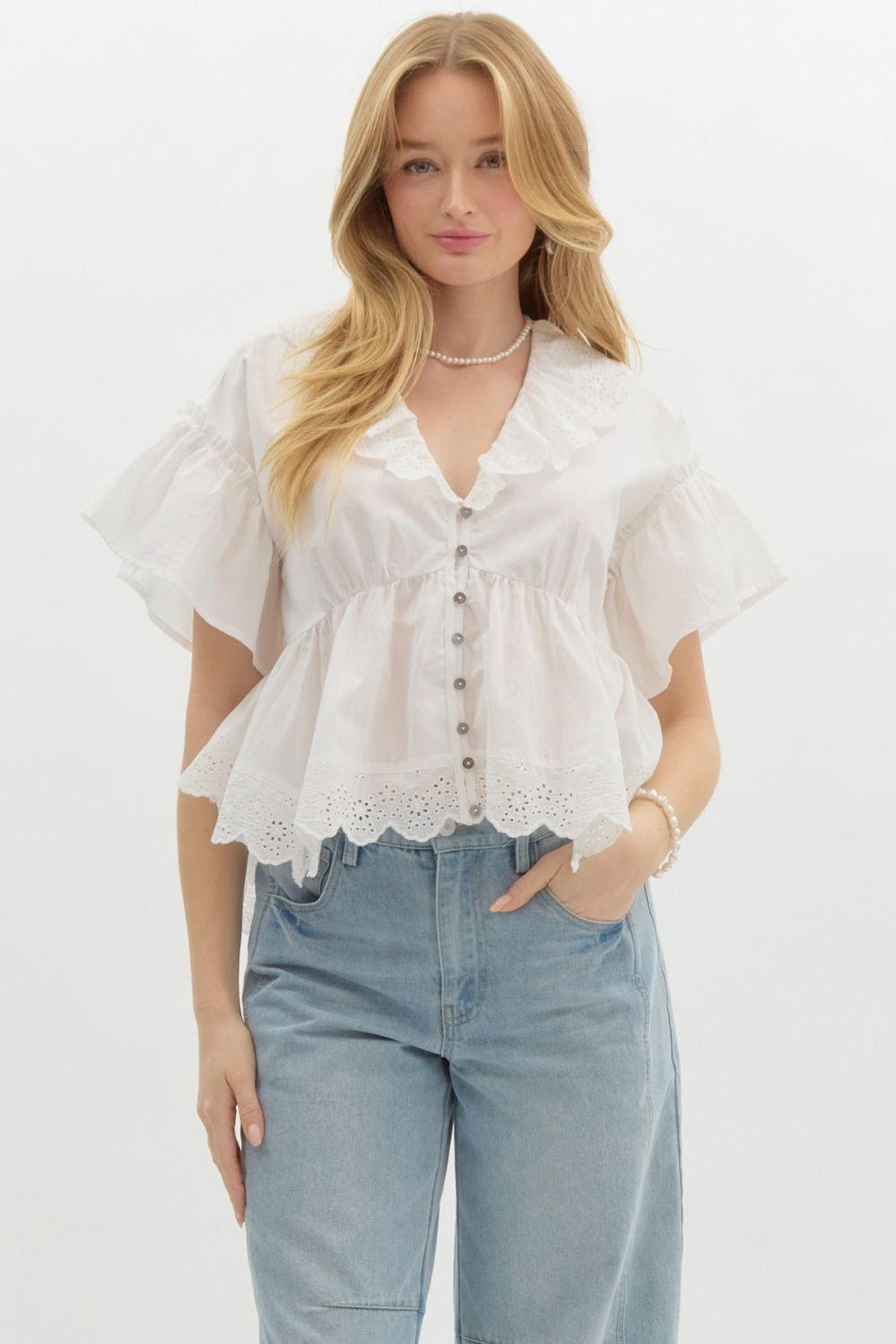 ENTRO Off Shoulder Ruffle V-Neck - OFF WHITE on Simply Obsessed