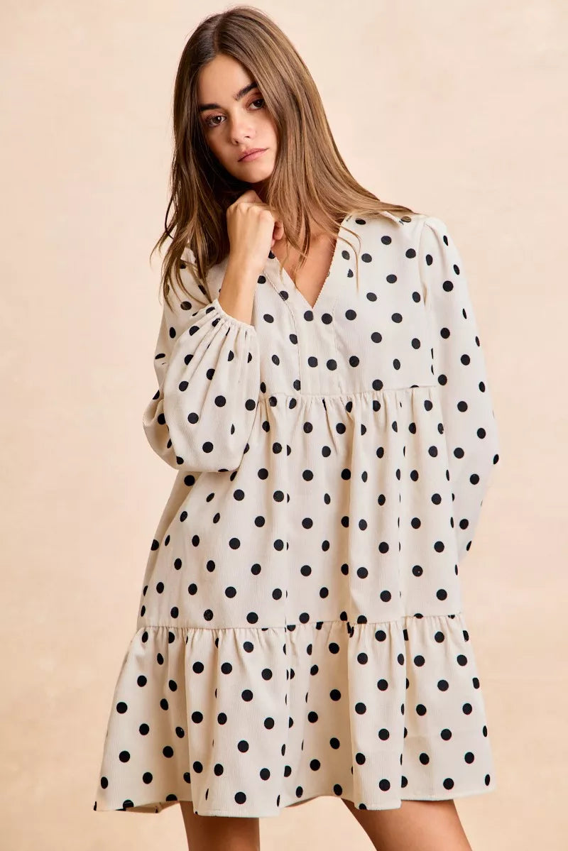 BIBI Polka Dot Corduroy Collared V Neck Dress on Simply Obsessed