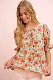 BIBI Flower Printed Shirring Detail Blouse Top on Simply Obsessed