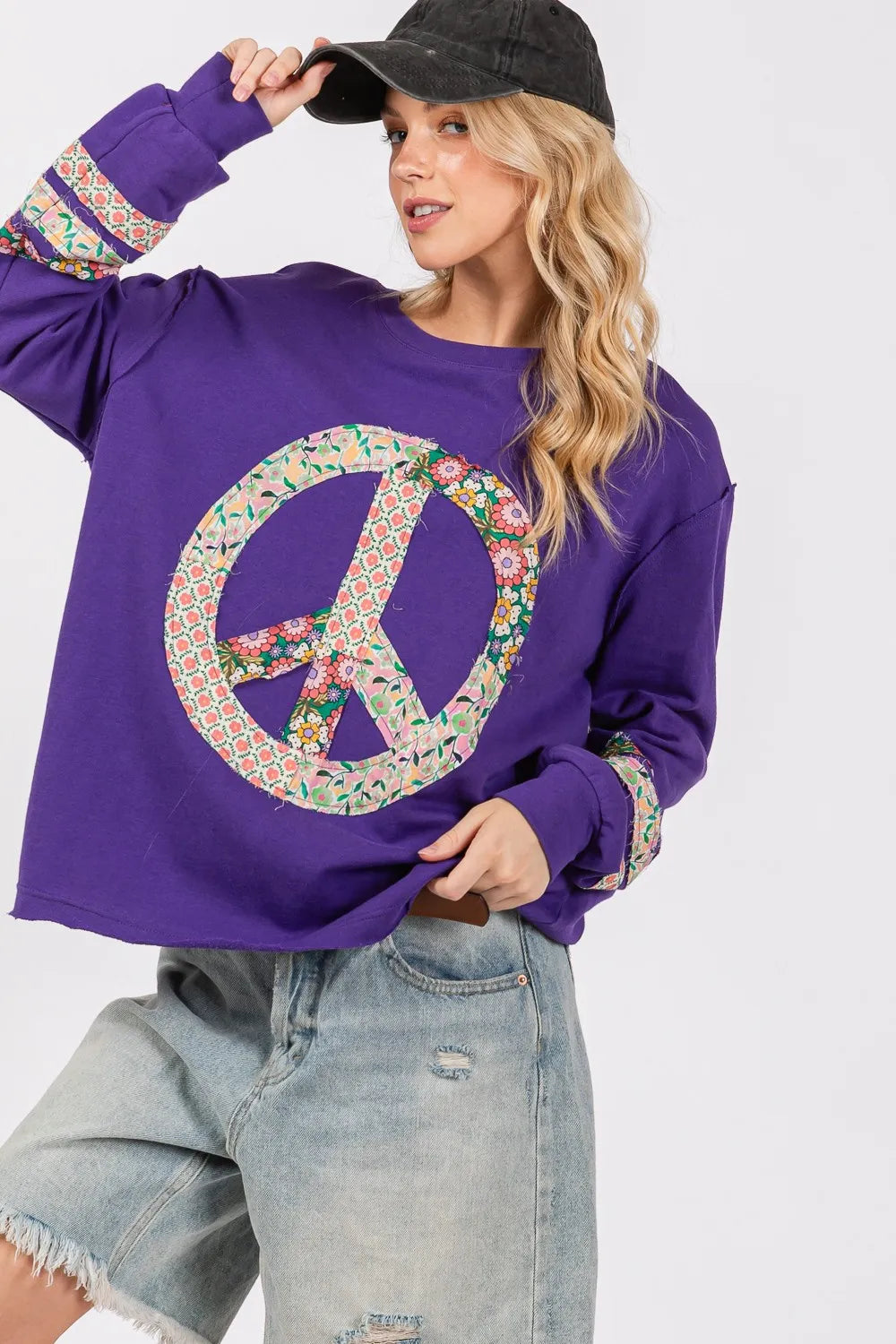 SAGE+FIG Peace Applique Patch Long Sleeve Top on Simply Obsessed