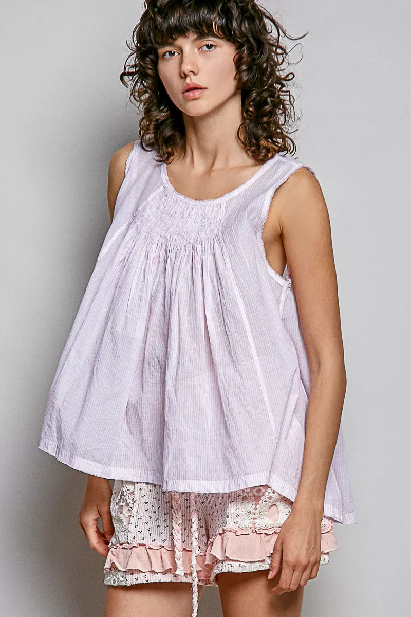 POL Round Neck Sleeveless Striped Pleated Cotton Top on Simply Obsessed