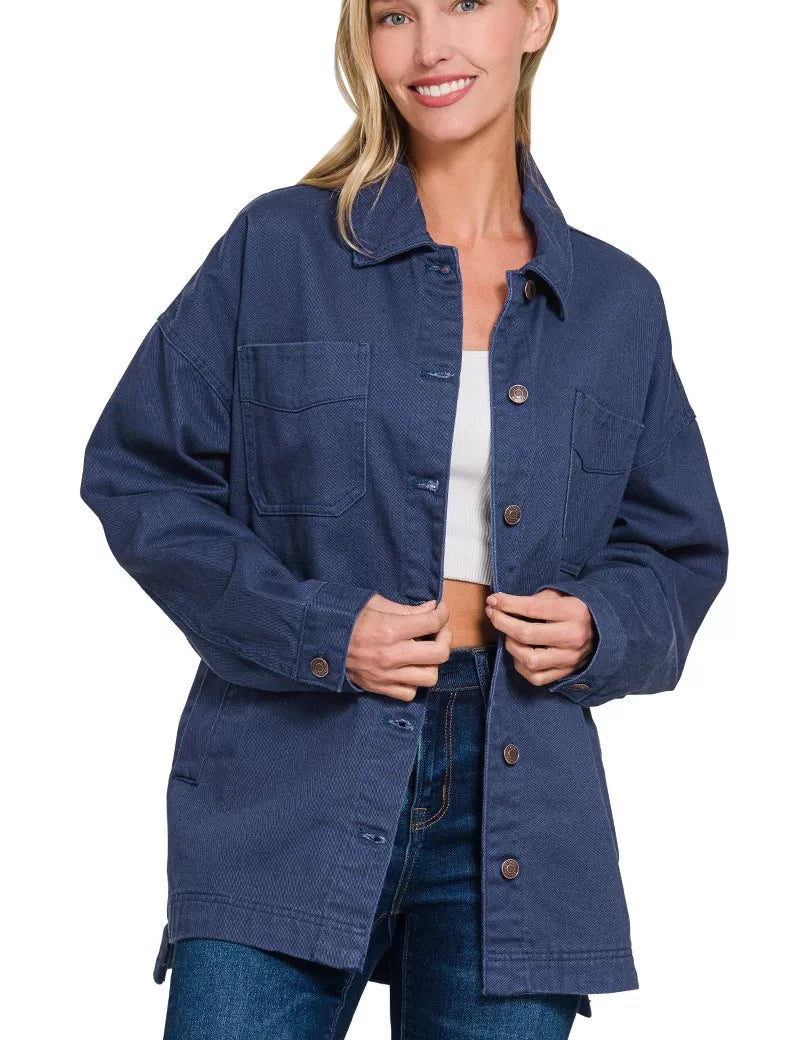 Zenana Oversized Collared Neck Button Front Shackets on Simply Obsessed