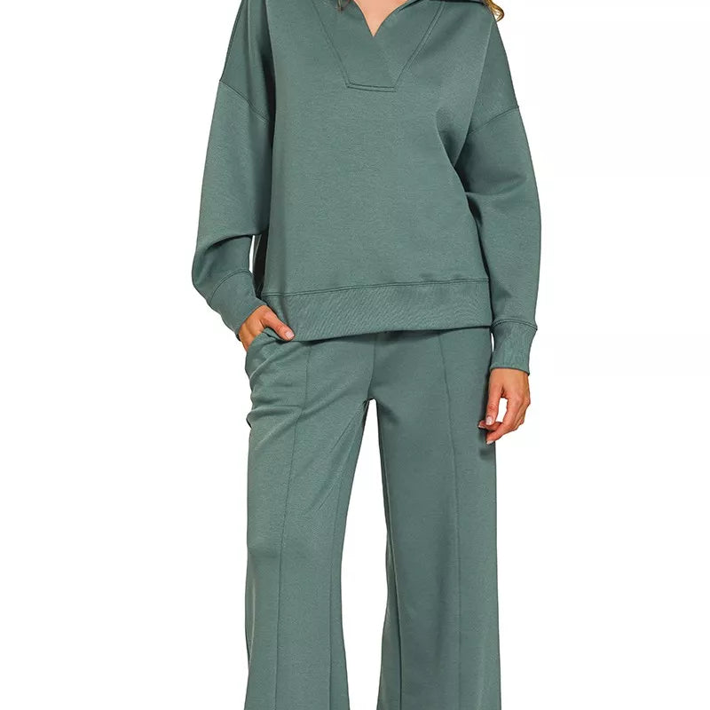 Zenana Scuba Collared Pullover and Pants Set on Simply Obsessed