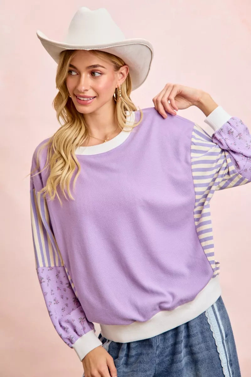 BiBi Mix and Match Sweatshirt with Floral Sleeve Striped on Simply Obsessed