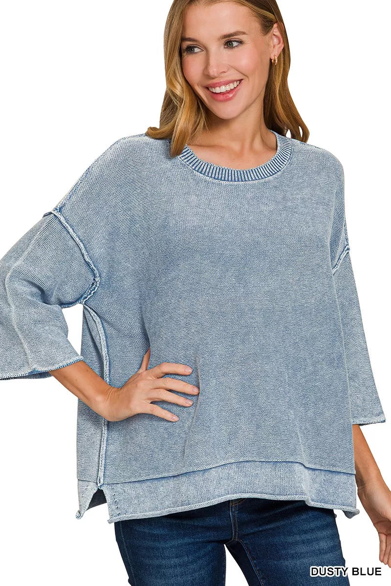 Zenana Washed 3/4 Sleeve Boxy Sweater on Simply Obsessed