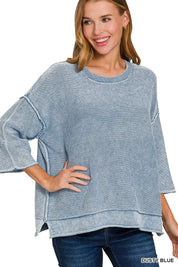 Zenana Washed 3/4 Sleeve Boxy Sweater on Simply Obsessed