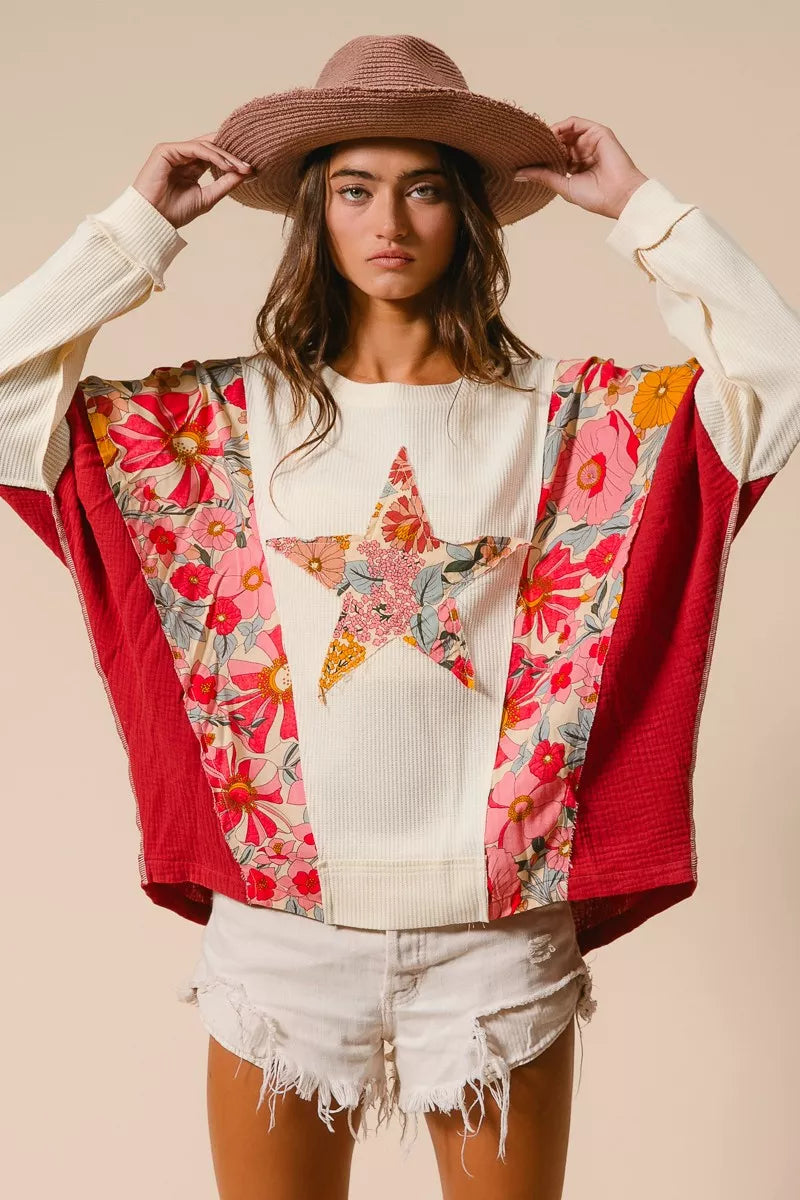 BIBI Floral Print Mixed Star Patch Round Neck Sweatshirt on Simply Obsessed