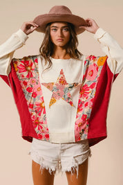 BIBI Floral Print Mixed Star Patch Round Neck Sweatshirt on Simply Obsessed