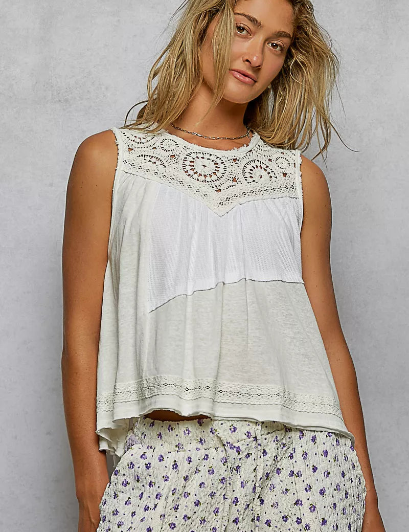 POL Round Neck Sleeveless Top with Crochet Contrast on Simply Obsessed