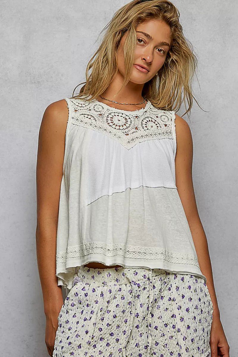 POL Round Neck Sleeveless Top with Crochet Contrast on Simply Obsessed