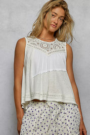POL Round Neck Sleeveless Top with Crochet Contrast on Simply Obsessed