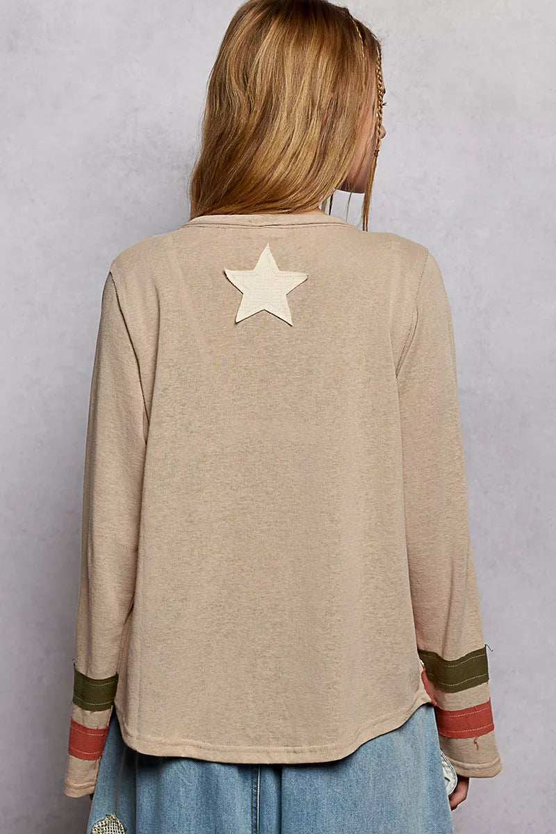 POL Double Gauze American Flag Patch V-Neck Long Sleeve T-Shirt on Simply Obsessed