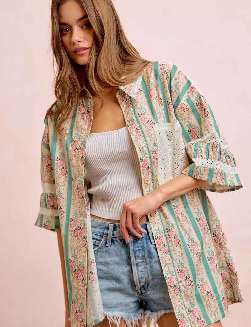 BIBI Eyelet Lace And Floral Mix And Match Shirt Top on Simply Obsessed