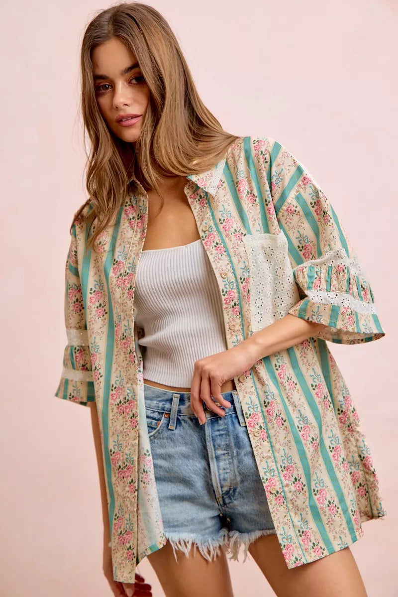 BIBI Eyelet Lace And Floral Mix And Match Shirt Top on Simply Obsessed
