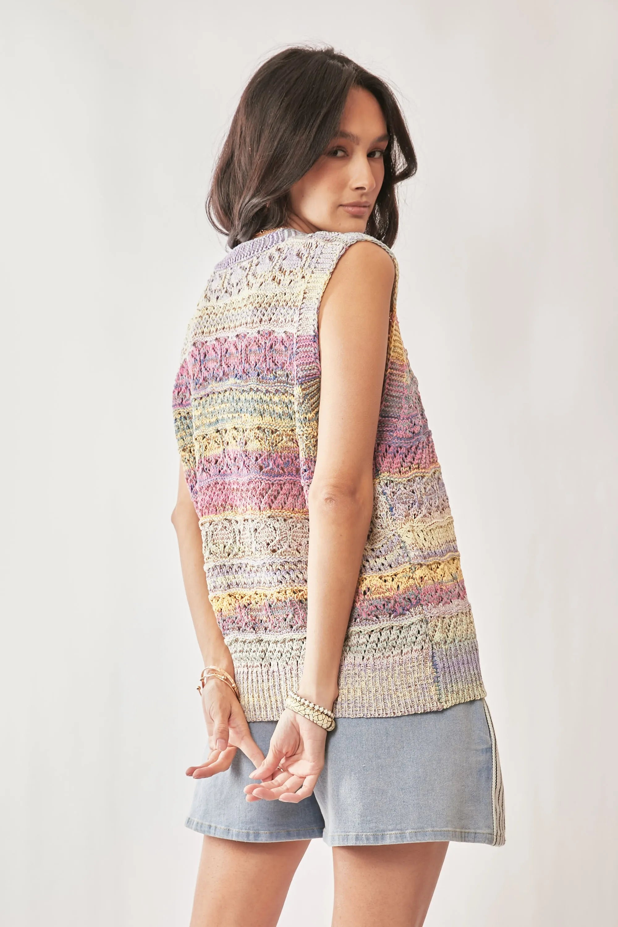 DAVI & DANI Multi Color Crochet Sleeveless Knit Vest Top on Simply Obsessed