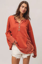 BiBi French Terry Knit Side Block Buttoned Henley Top on Simply Obsessed