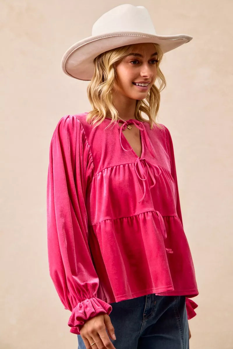 BiBi Christmas Theme Velvet Bow Tied Blouse on Simply Obsessed