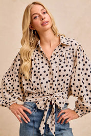 BIBI Polka Dot Print Tie Hem Detail Crop Shirt on Simply Obsessed