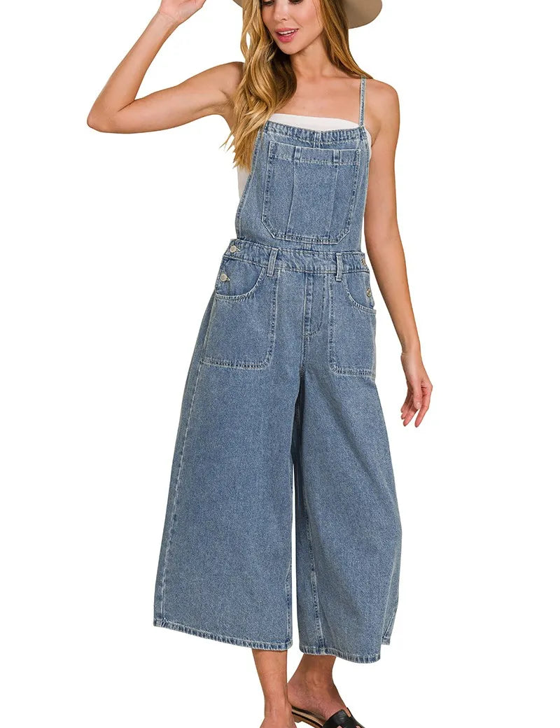 ZENANA Denim Medium Washed Wide Leg Overalls on Simply Obsessed