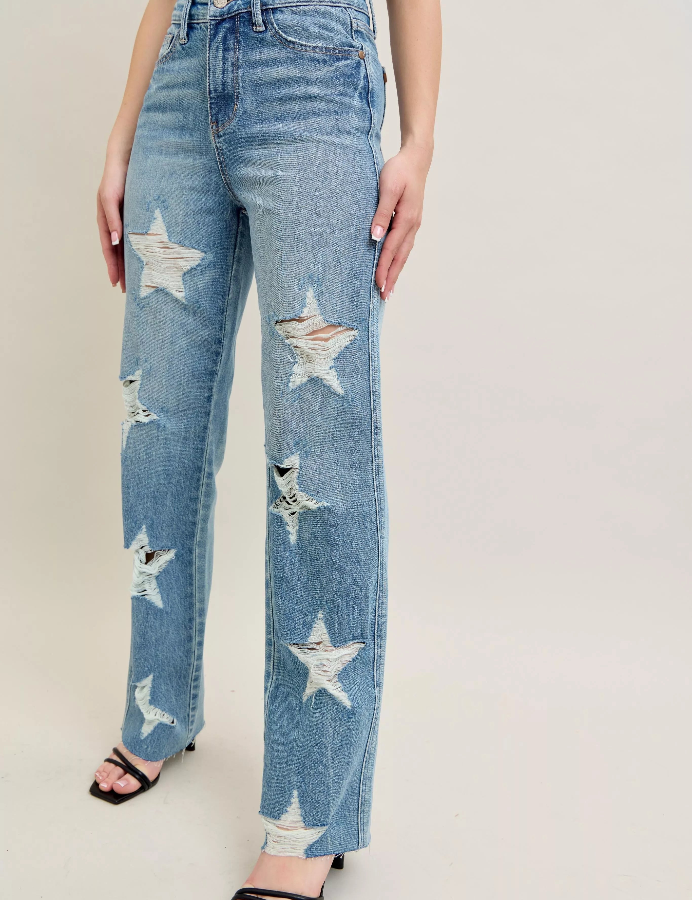 JUDY BLUE Full Size High Waist Rigid Magic Star Shaped Destroy 90's Straight Jeans Plus Size on Simply Obsessed