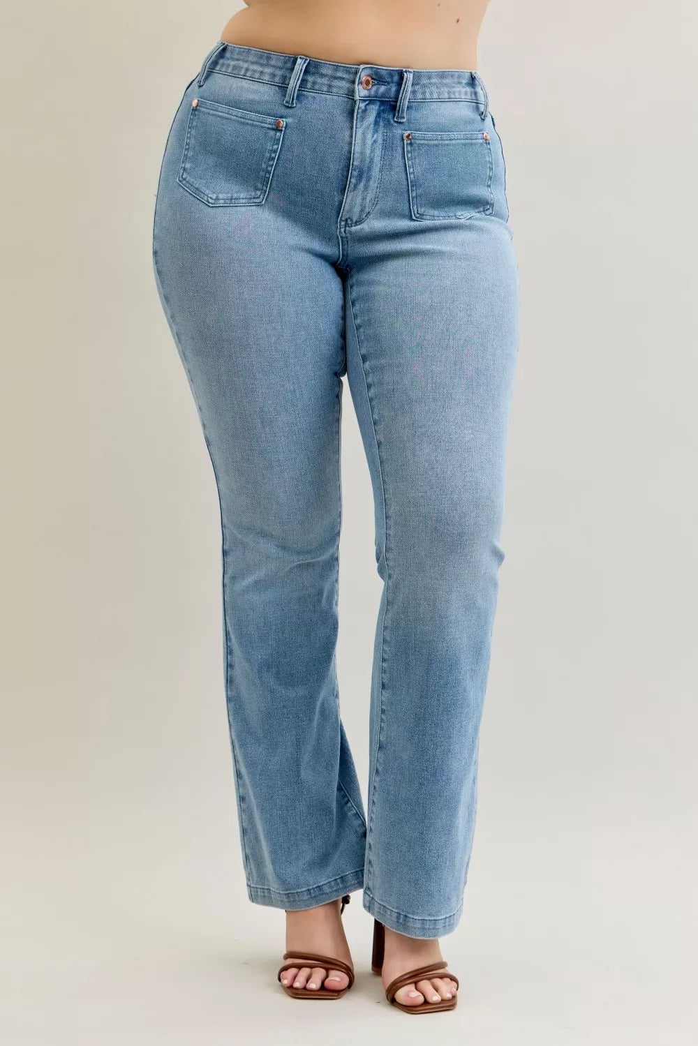 Judy Blue Full Size Mid Rise Bootcut Jeans with Contrast Wash & Front Patch Pockets Plus Size on Simply Obsessed