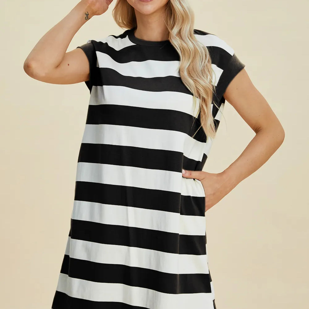 BASIC BAE Full Size Striped Round Neck Cap Sleeve Mini Dress on Simply Obsessed