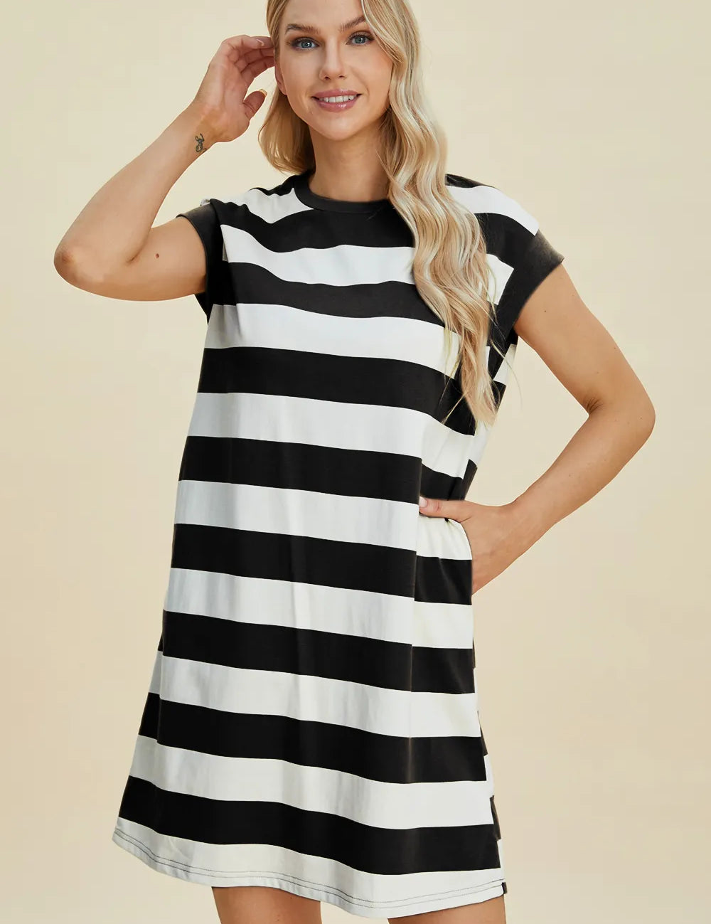 BASIC BAE Full Size Striped Round Neck Cap Sleeve Mini Dress on Simply Obsessed