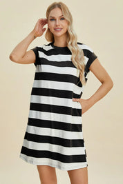 BASIC BAE Full Size Striped Round Neck Cap Sleeve Mini Dress on Simply Obsessed