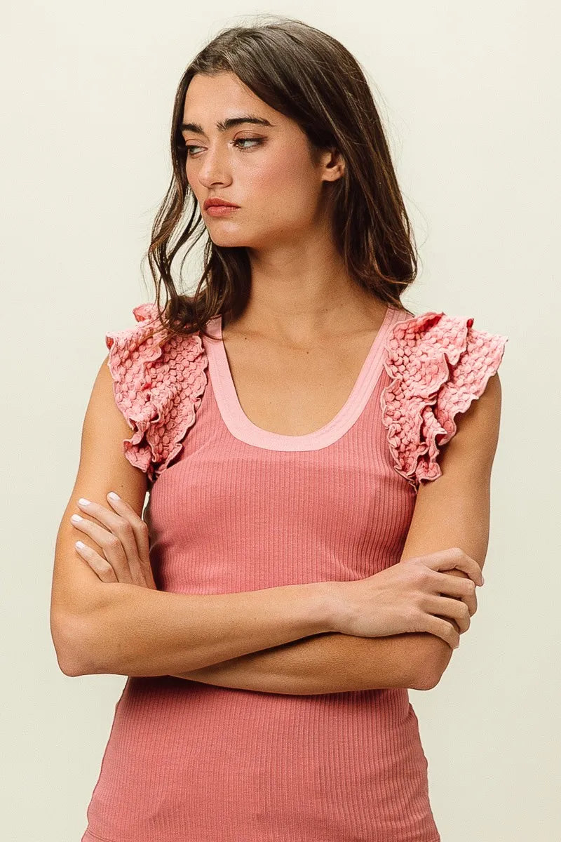 BiBi Rib Knit With Textured Ruffled Top on Simply Obsessed
