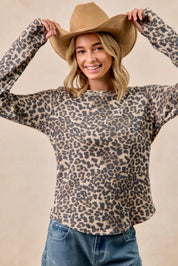 BIBI Leopard Print Washed Waffle Thermal Top with Thumb on Simply Obsessed