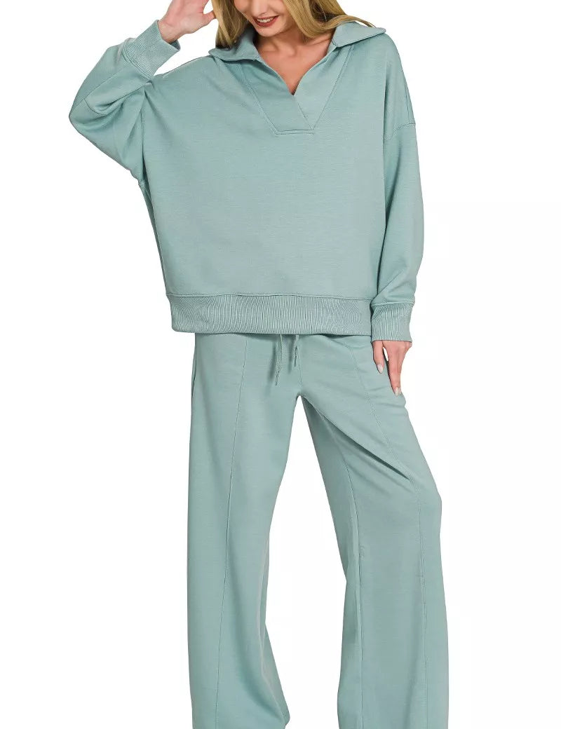 ZENANA Scuba Collared Pullover & Center Seam Pants Set on Simply Obsessed