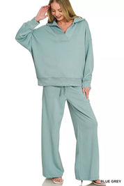 ZENANA Scuba Collared Pullover & Center Seam Pants Set on Simply Obsessed