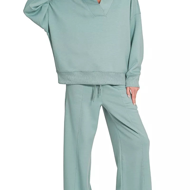 ZENANA Scuba Collared Pullover & Center Seam Pants Set on Simply Obsessed