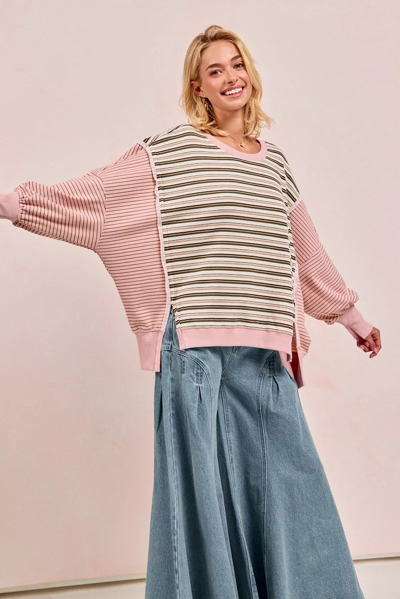 BIBI Stripe Mixed Top With Cut Edge And Reverse Outseam on Simply Obsessed