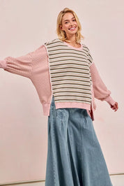 BIBI Stripe Mixed Top With Cut Edge And Reverse Outseam on Simply Obsessed