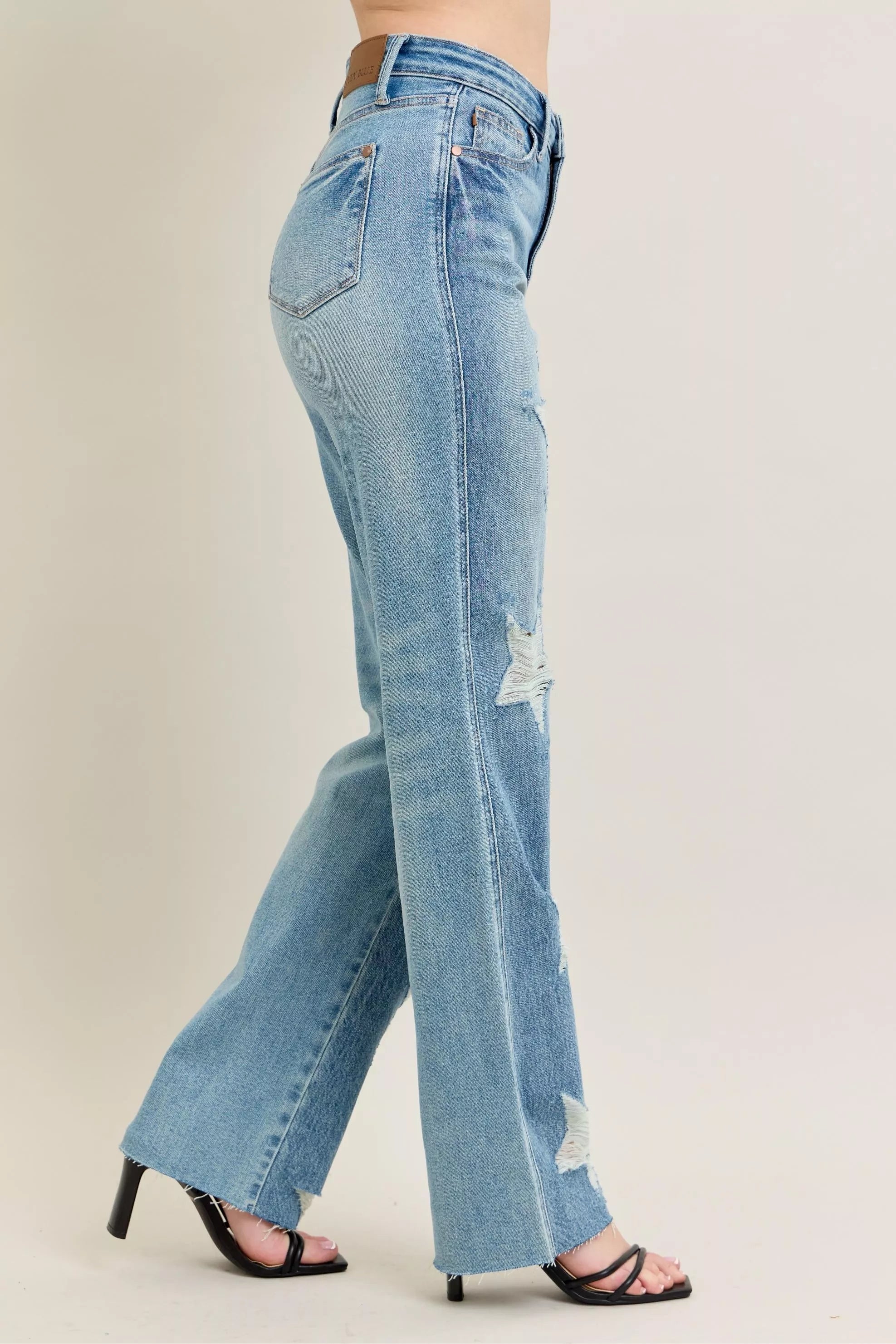 JUDY BLUE Full Size High Waist Rigid Magic Star Shaped Destroy 90's Straight Jeans Plus Size on Simply Obsessed