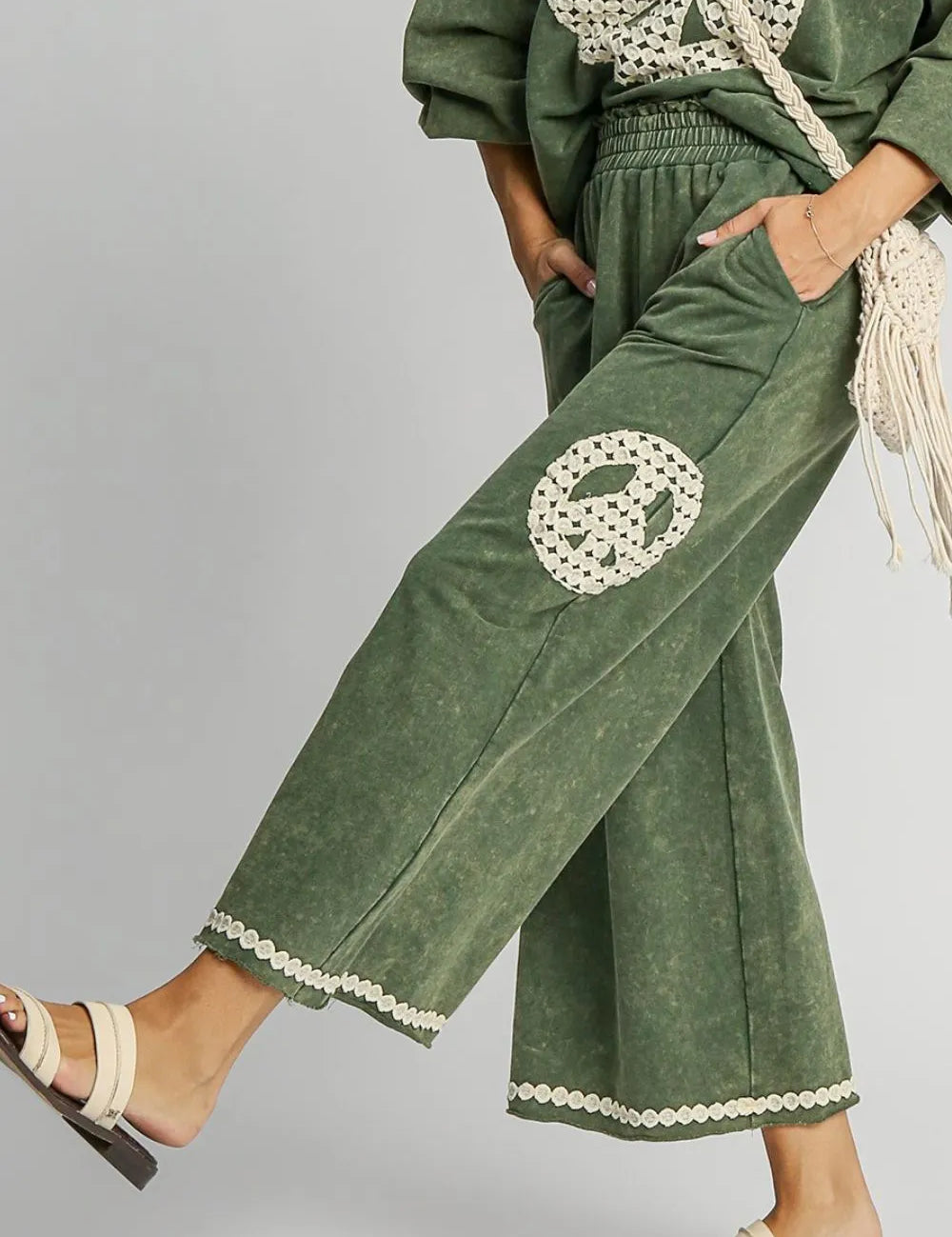 UMGEE Full Size Peace Lace Applique Mineral Wash Wide Leg Pants Plus Size **FALL DEBUT SALE** on Simply Obsessed