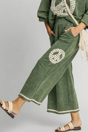 UMGEE Full Size Peace Lace Applique Mineral Wash Wide Leg Pants Plus Size **FALL DEBUT SALE** on Simply Obsessed