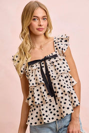 BIBI Polka Dot Ruffled Bow Tied Square Neck Sleeveless Top on Simply Obsessed