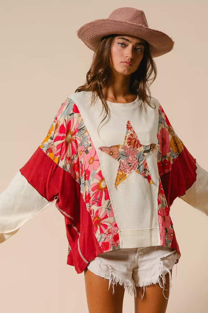 BIBI Floral Print Mixed Star Patch Round Neck Sweatshirt on Simply Obsessed