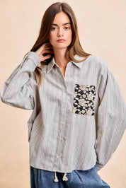 BiBi Flower Jacquard Knit Patch Pocket Stripe Shirt on Simply Obsessed