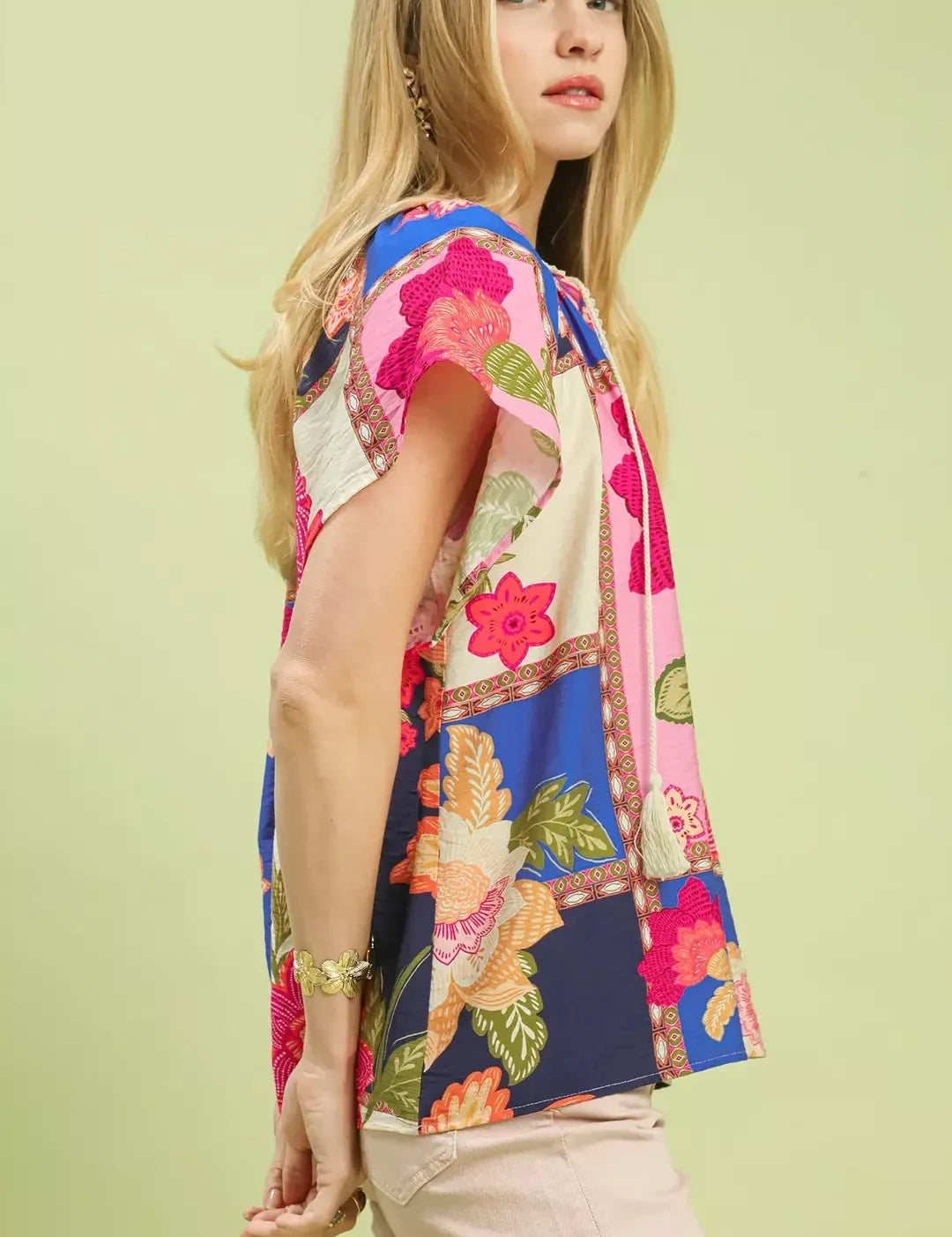 UMGEE Mix Floral Patchwork Tassel Tie Top on Simply Obsessed
