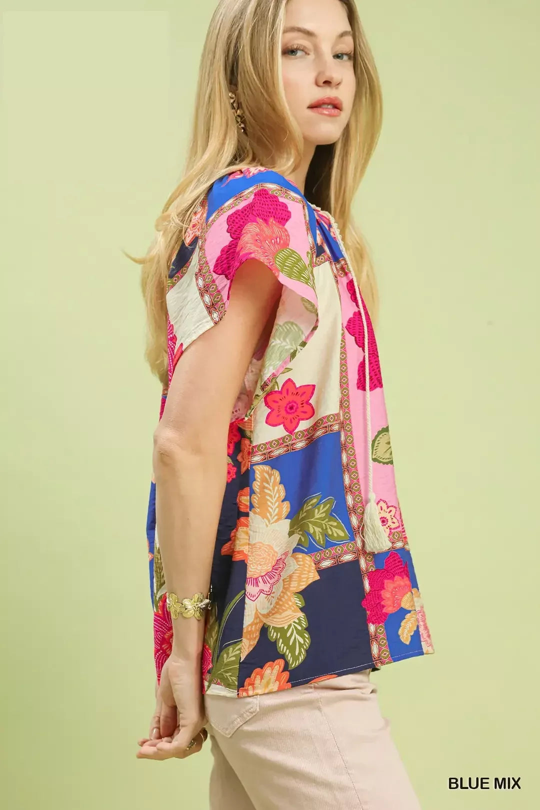 UMGEE Mix Floral Patchwork Tassel Tie Top on Simply Obsessed