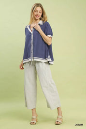 Umgee Linen Button Front Top with Contrast Piping on Simply Obsessed