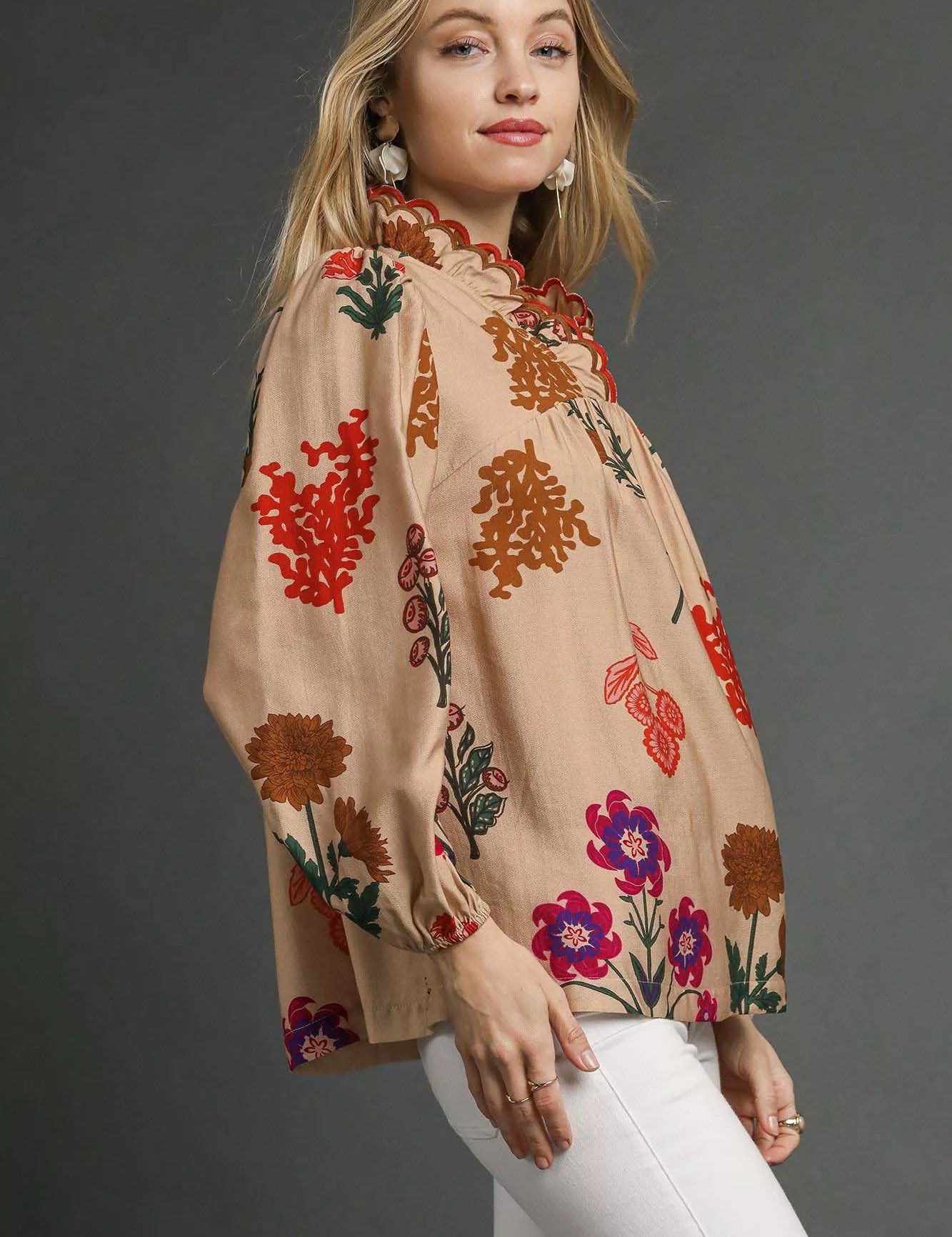 Umgee Flower Print Blouse with Scalloped Neckline on Simply Obsessed